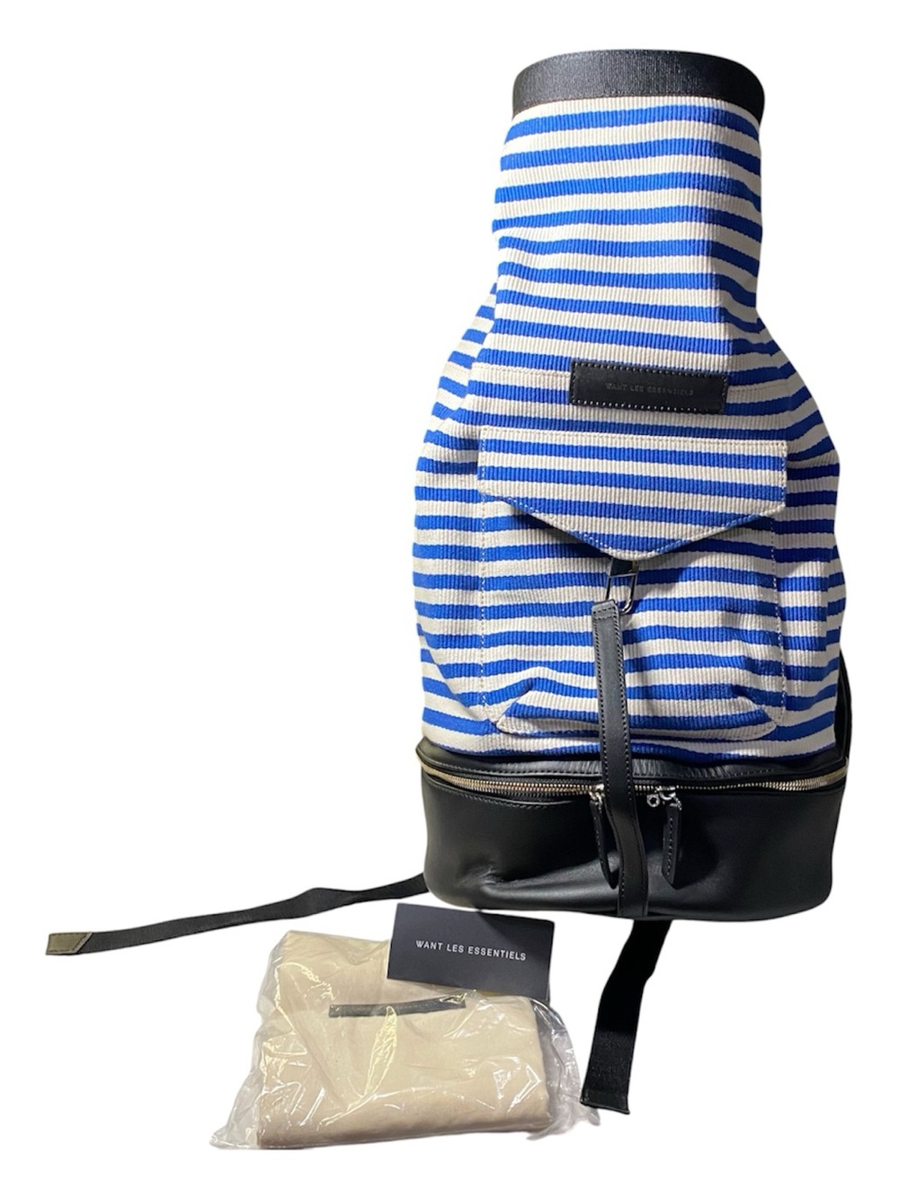 New WANT LES ESSENTIALS Backpack Cerulean White Pinstripe Black Leather Trim